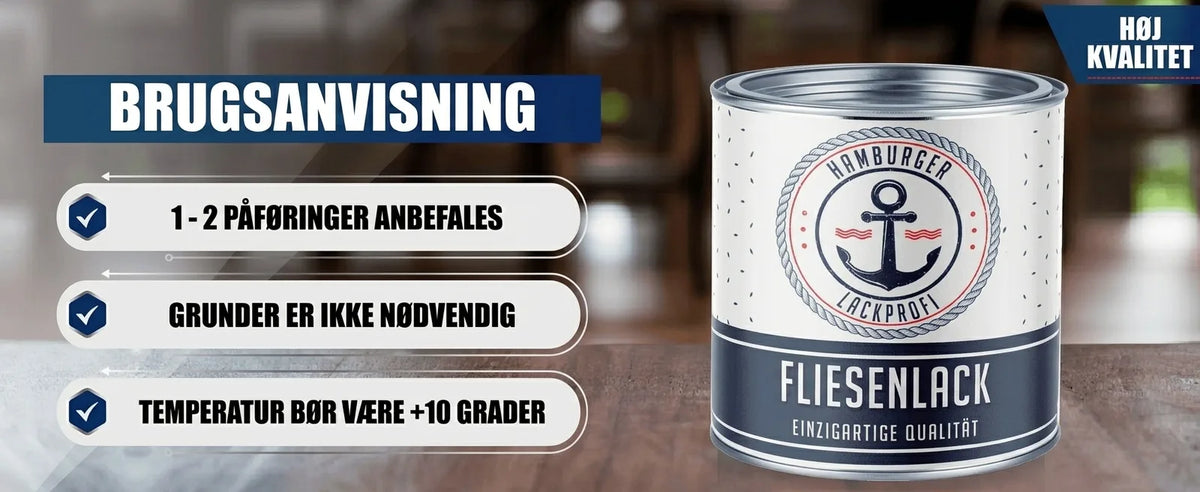 Dåse med tysk fliseemaling. Tekst: Anvendelse, 1-2 lag anbefales, ingen grunding, min. +10°C. Høj kvalitet.