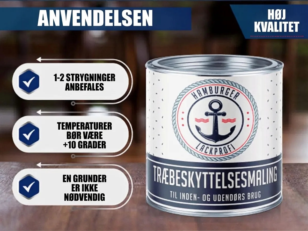 Hamburger Lackprofi træbeskyttelsesmaling. Anvendelse: 1-2 strøg, +10°C minimum, ingen grunding. Høj kvalitet.