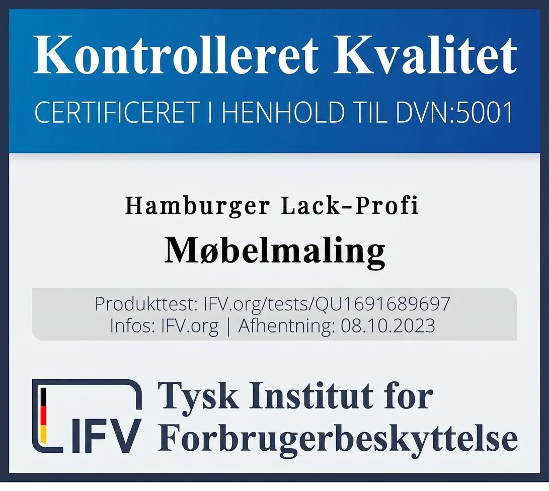 Certifikat for Hamburger Lak-Profi møbelfarve med 'Kontrolleret Kvalitet' fra Tysk Institut for Forbrugerbeskyttelse.