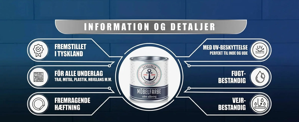 Møbelfarve, information: Fremstillet i Tyskland, UV-, vejr- & fugtbestandig, god vedhæftning, til alle overflader.