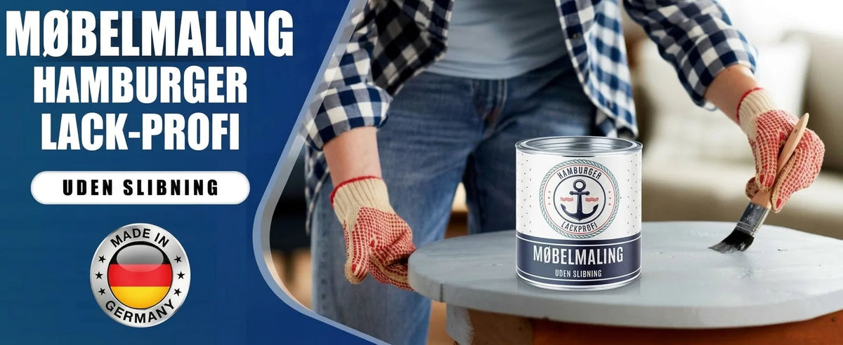 Person maler møbler med Hamburger Lack-Profi møbelmaling uden slibning. Made in Germany.
