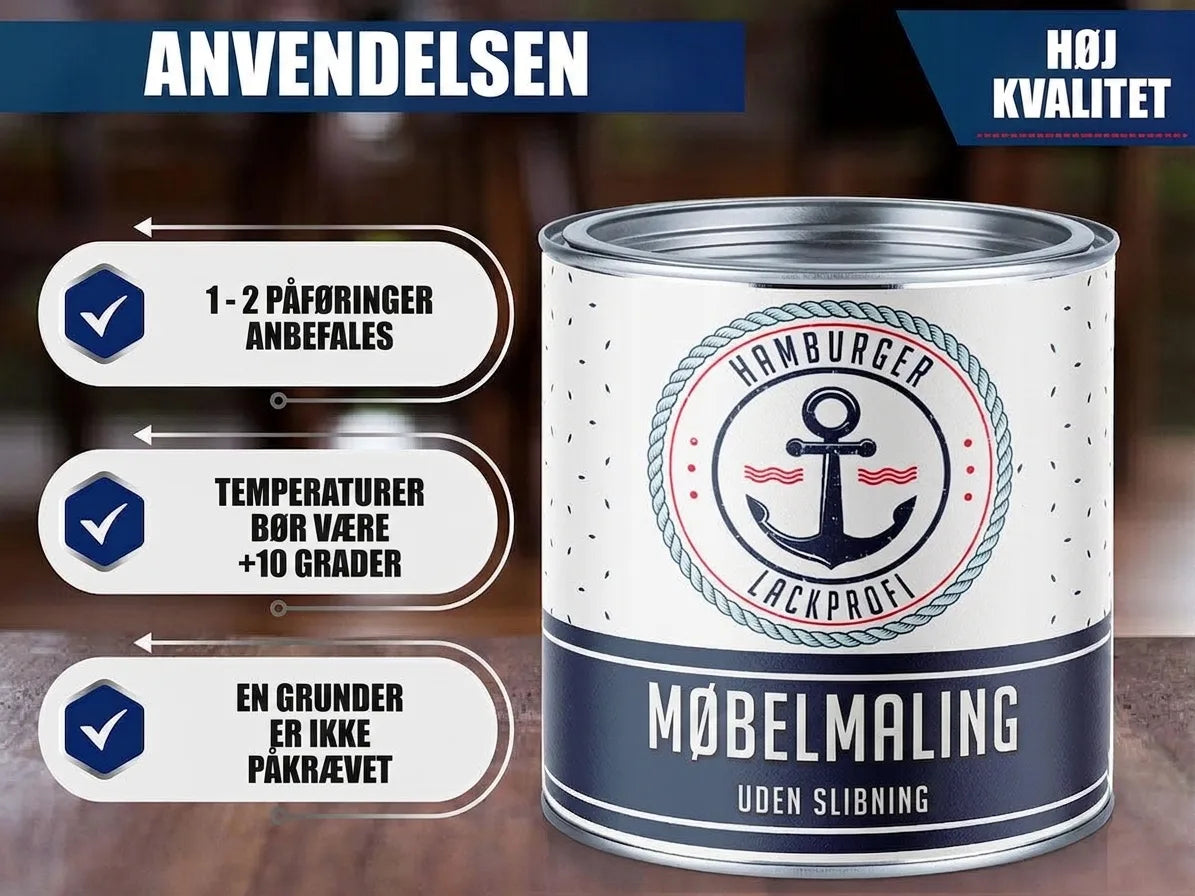 Møbelmaling fra Hamburger Lackprofi med brugsanvisning: 1-2 lag, +10°C, ingen grunder, uden slibning, høj kvalitet.