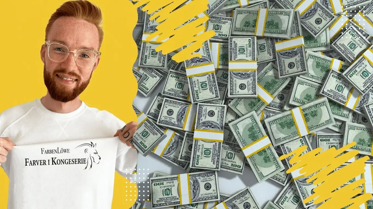 Mand med briller holder t-shirt med tysk logo 'FarbenLöwe Farben der Königsklasse'. Baggrund med pengesedler.