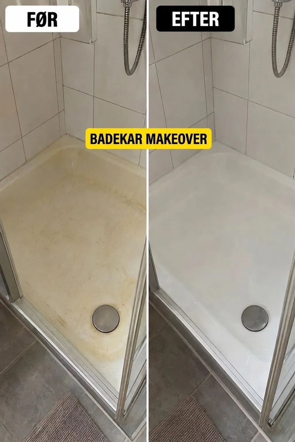 Før og efter renovering: snavset, gulligt bruseunderlag blev skinnende hvidt. Badeværelsesrenovering.