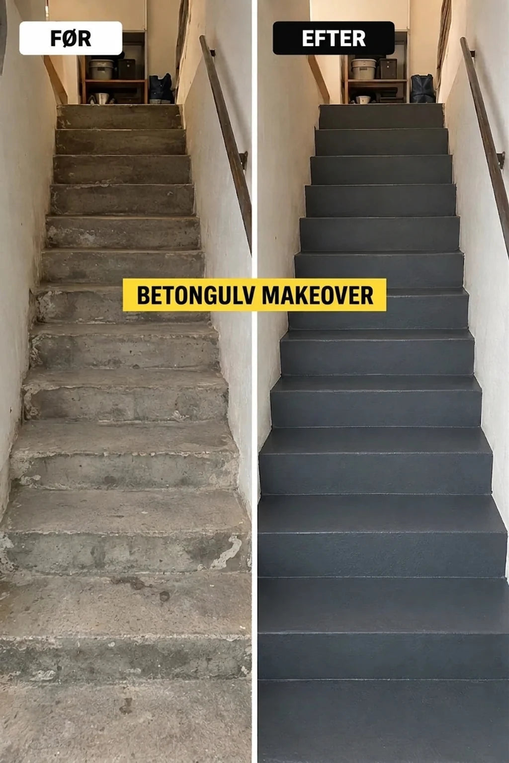 Før og efter: Grå betontrin, fra beskadigede til nymalede, glatte og rene.