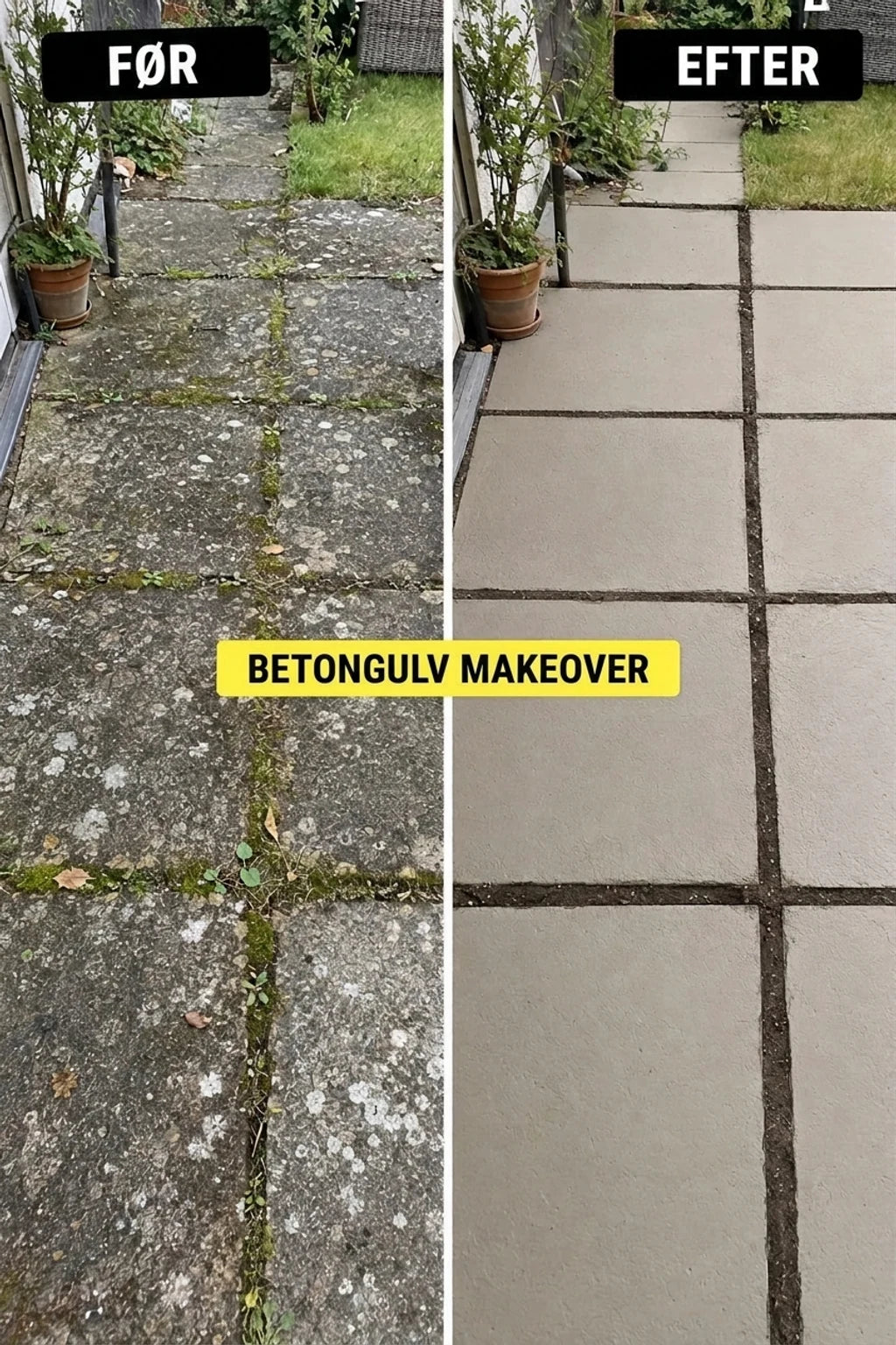 Før og efter: snavset, tilgroet betonsti (før) samt ren, fornyet betonsti (efter). Forvandling af betonunderlag.