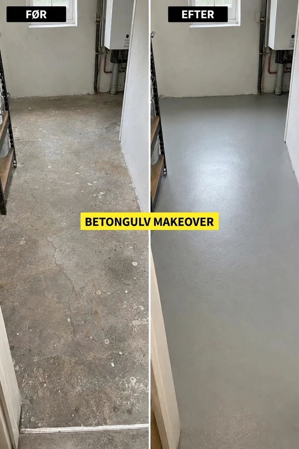 Før og efter renovering af betongulv, viser et snavset og revnet gulv før samt et glat, gråt efter.