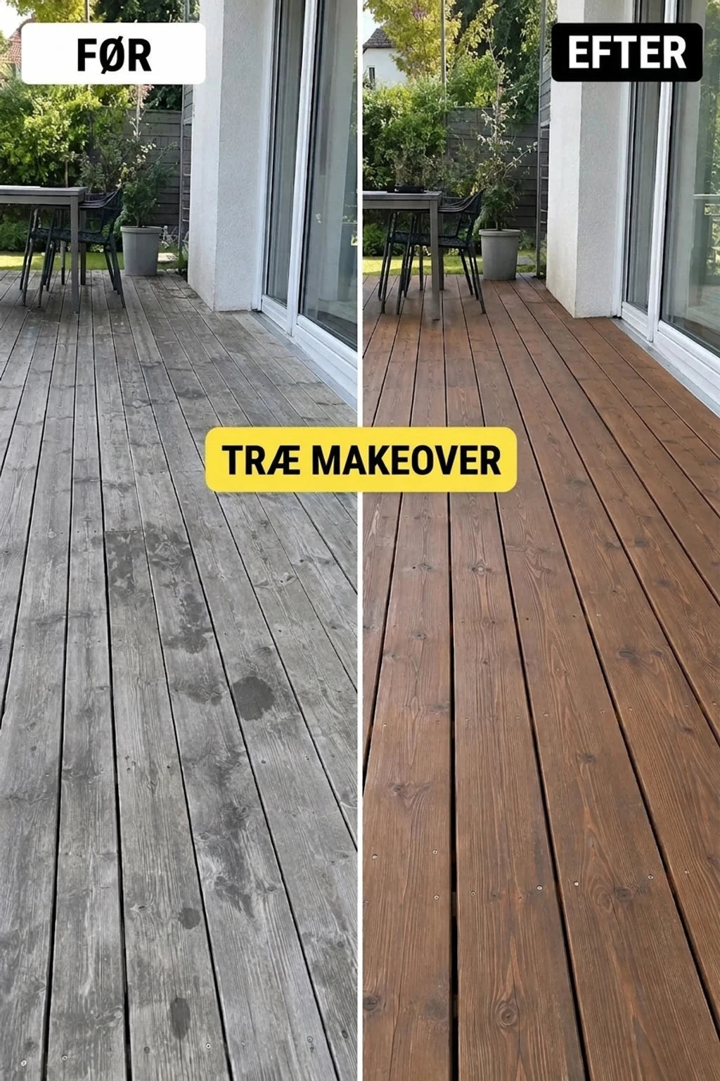 Træterrasse før og efter renovering. Før: grå, forvitrede brædder. Efter: opfrisket, brunt, velholdt træ.