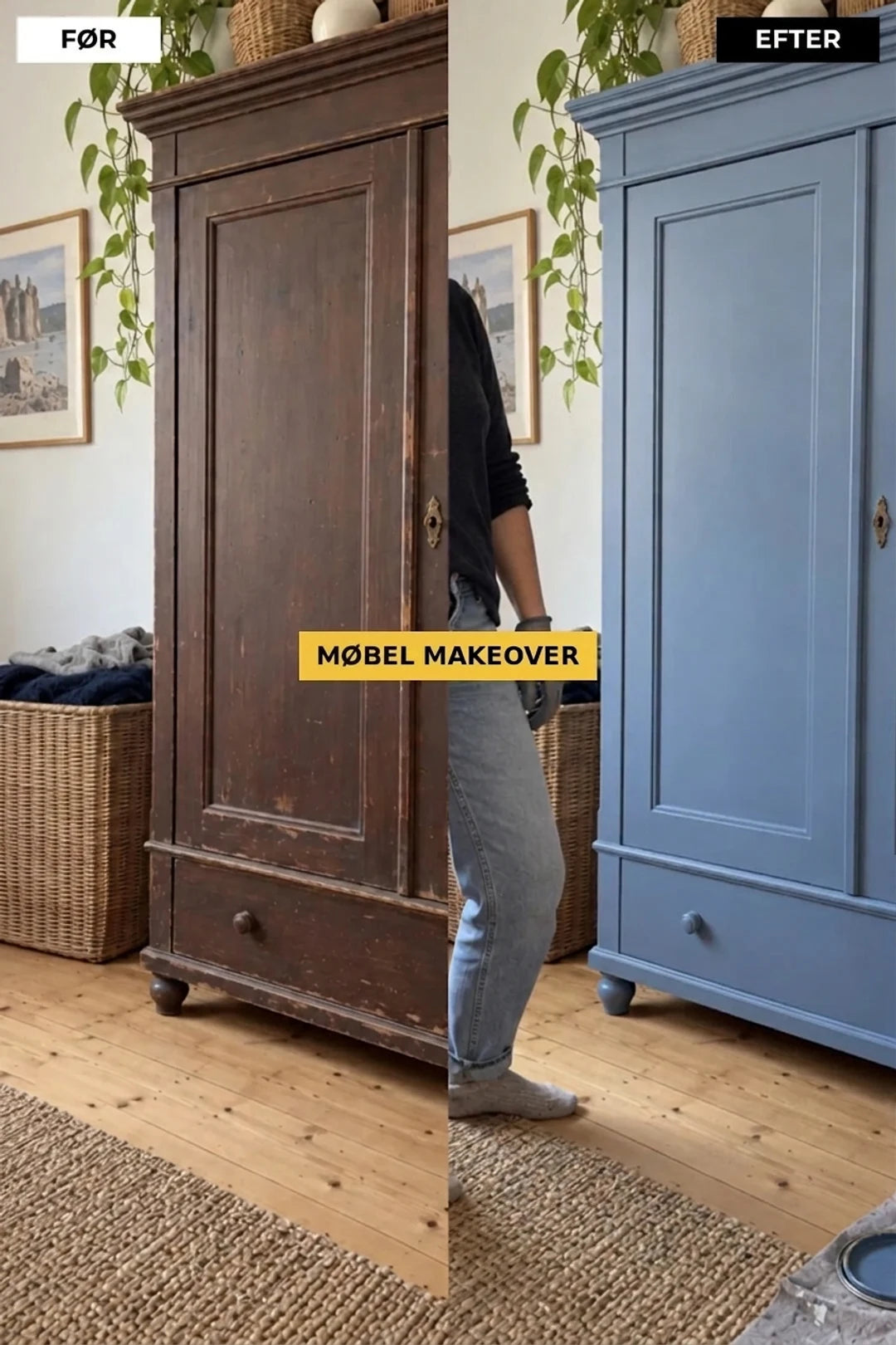 FØR og EFTER: Gammelt, mørkt træskab forvandlet og malet blå. Hurtig møbelrenovering.