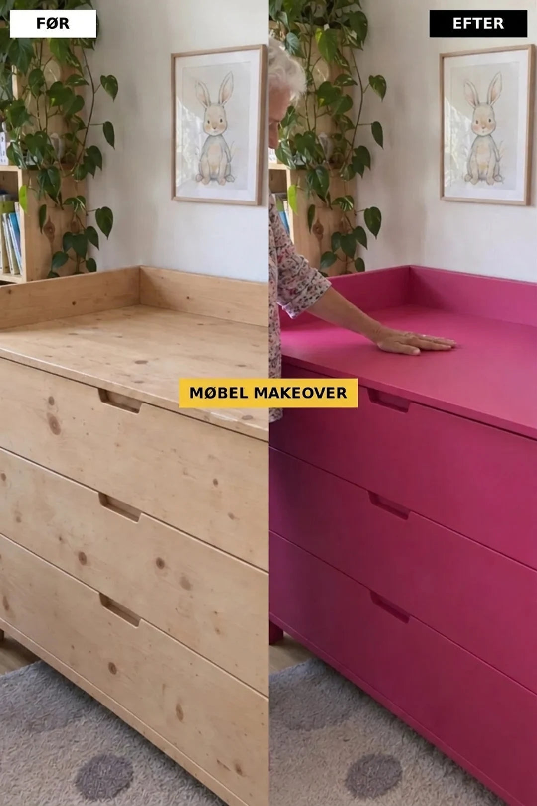 Kommode før og efter renovering: naturligt træ kontra intensiv pink.