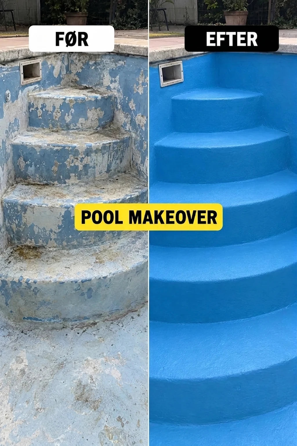 Sammenligningsbillede før og efter renovering af pool: gamle, afskallende blå trapper vs. nye, glatte, lyseblå.