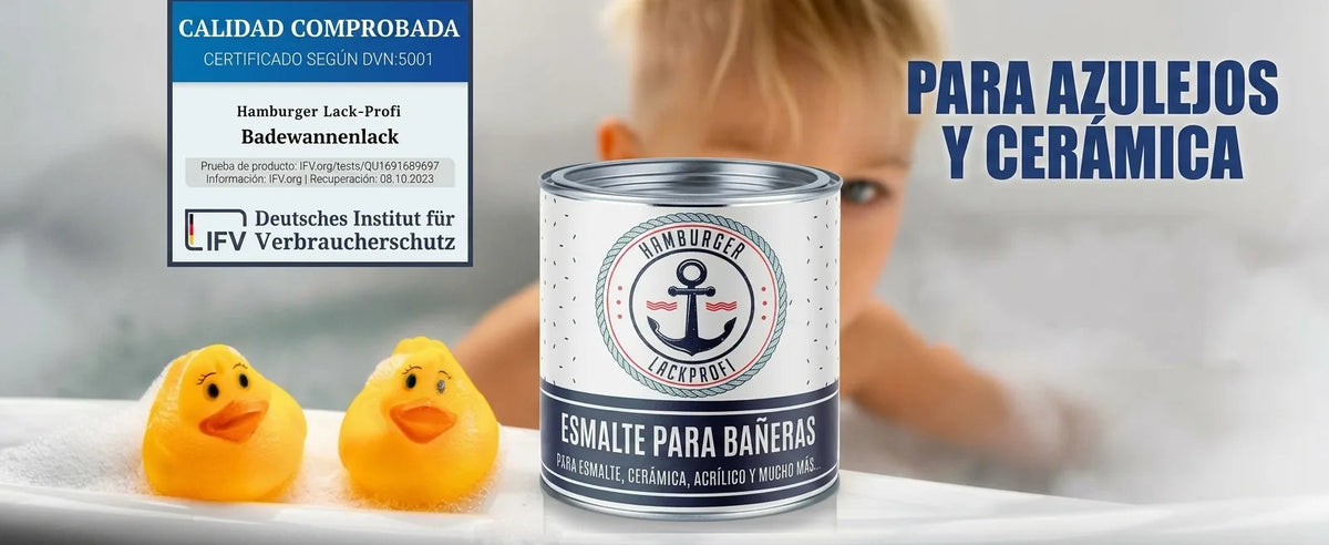 Bebé en bañera con patitos de goma y lata de pintura Hamburger Lack-Profi para bañeras, azulejos y cerámica.