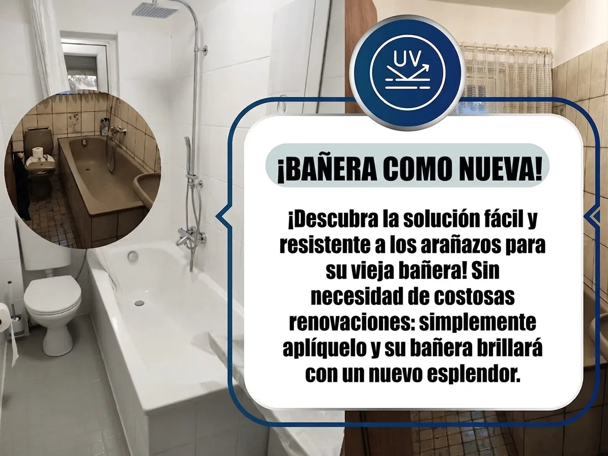 Antes/después de bañera: una blanca moderna y una vieja marrón. ¡Bañera como nueva! Solución sencilla, resistente a arañazos. Icono UV.