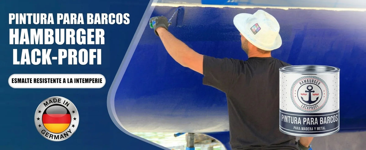 Hombre pintando un barco de azul con un rodillo, mostrando una lata de barniz para barcos "Hamburger Lack-Profi" y texto promocional en alem