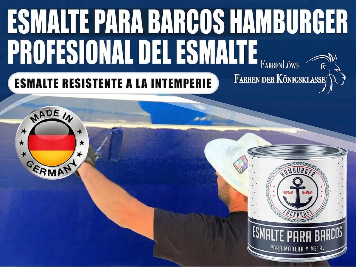 Publicidad de pintura para barcos Hamburger Lackprofi: esmalte azul para madera y metal, resistente al clima, hecho en Alemania.