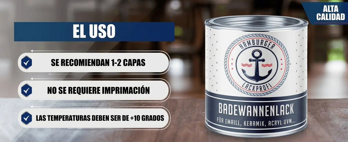 Bote de esmalte para bañeras con instrucciones de uso en alemán: 1-2 capas, no requiere imprimación, temperaturas +10°C, alta calidad.
