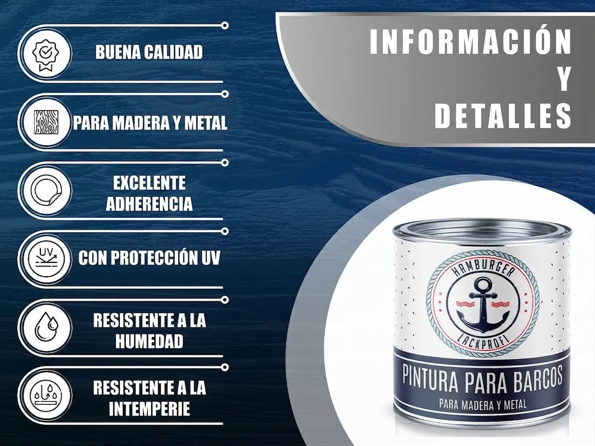 Bote de barniz para barcos con logo de ancla y lista de características: calidad, madera/metal, protección UV.