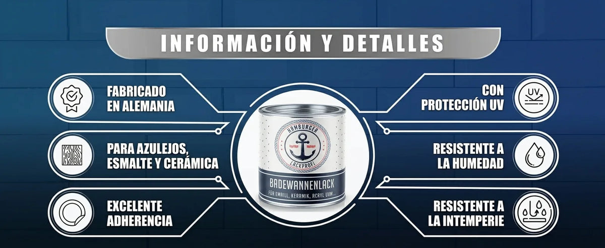 Información de pintura para bañeras: Made in Germany, azulejos, esmalte, cerámica. Alta adherencia, protección UV, humedad, clima.