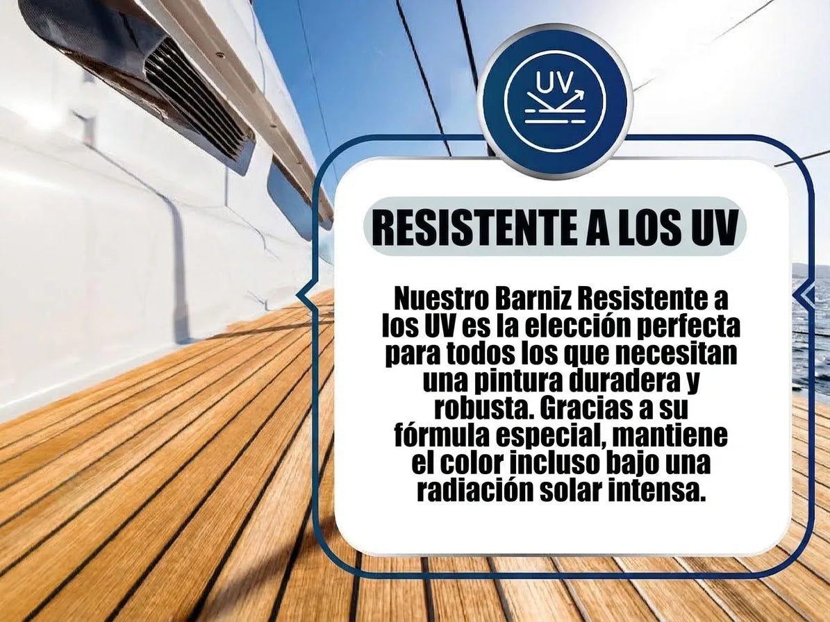 Cubierta de yate con texto publicitario sobre laca UV-resistente que garantiza color duradero bajo el sol.