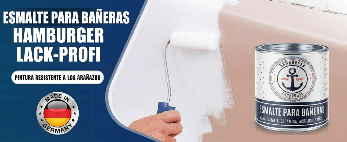 Pintura para bañeras resistente a arañazos 'Hamburger Lack-Profi' Made in Germany, aplicándose con rodillo.
