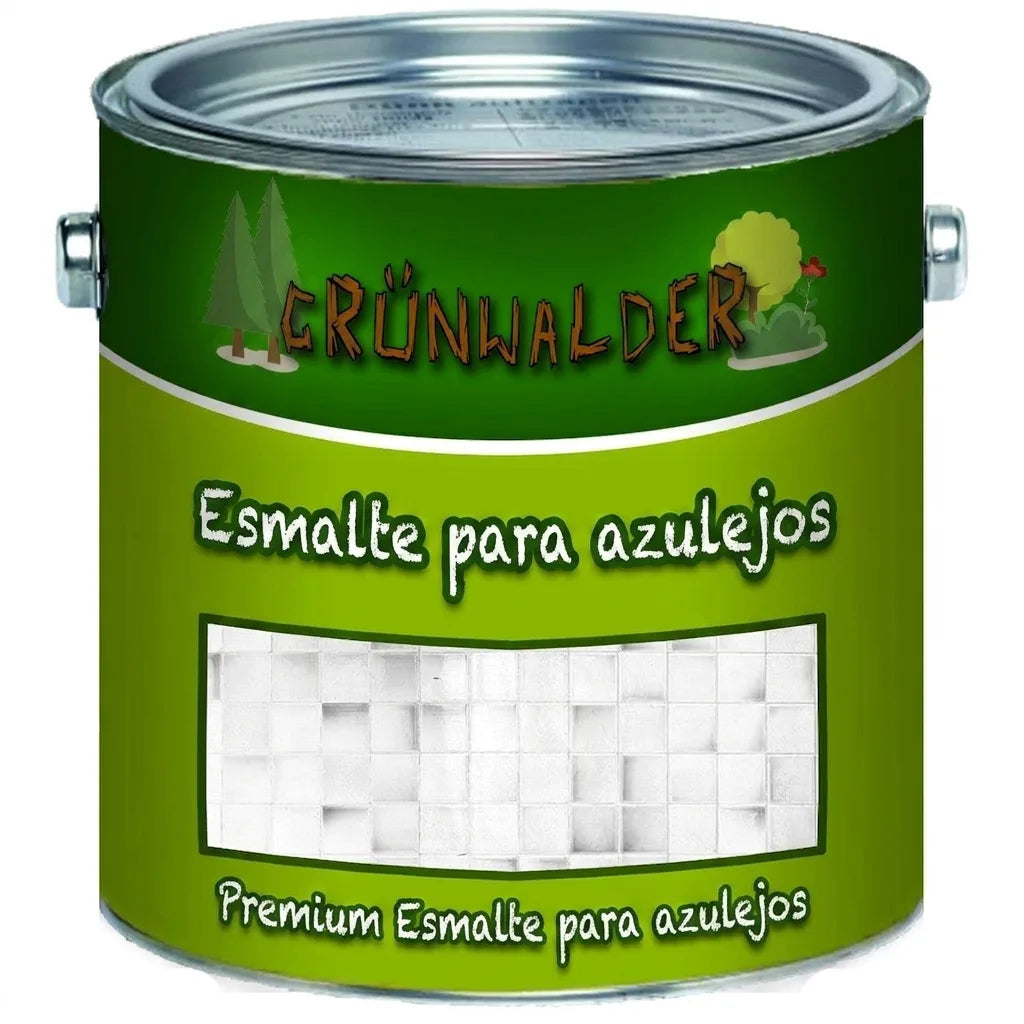 Lata de pintura verde Grünwalder Fliesenlack (pintura premium para azulejos) con diseño de bosque.