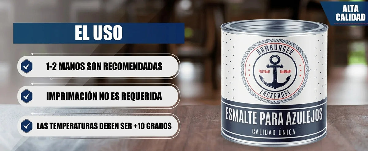 Imagen de lata de pintura para azulejos con instrucciones de uso en alemán: 1-2 capas, sin imprimación, +10°C.