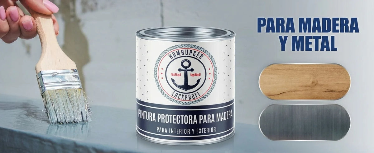 Mano pintando, bote de pintura protectora Hamburger Lackprofi para madera y metal, interior y exterior.