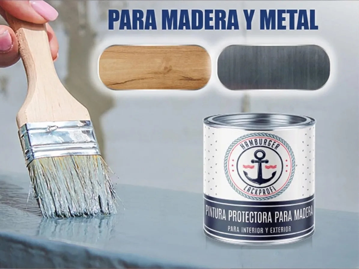 Pintura protectora Hamburger Lackprofi para madera y metal, uso interior y exterior, aplicada con brocha.