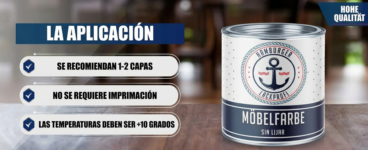 Pintura para muebles con instrucciones de uso: 1-2 capas, sin imprimación, temp +10°C, alta calidad.