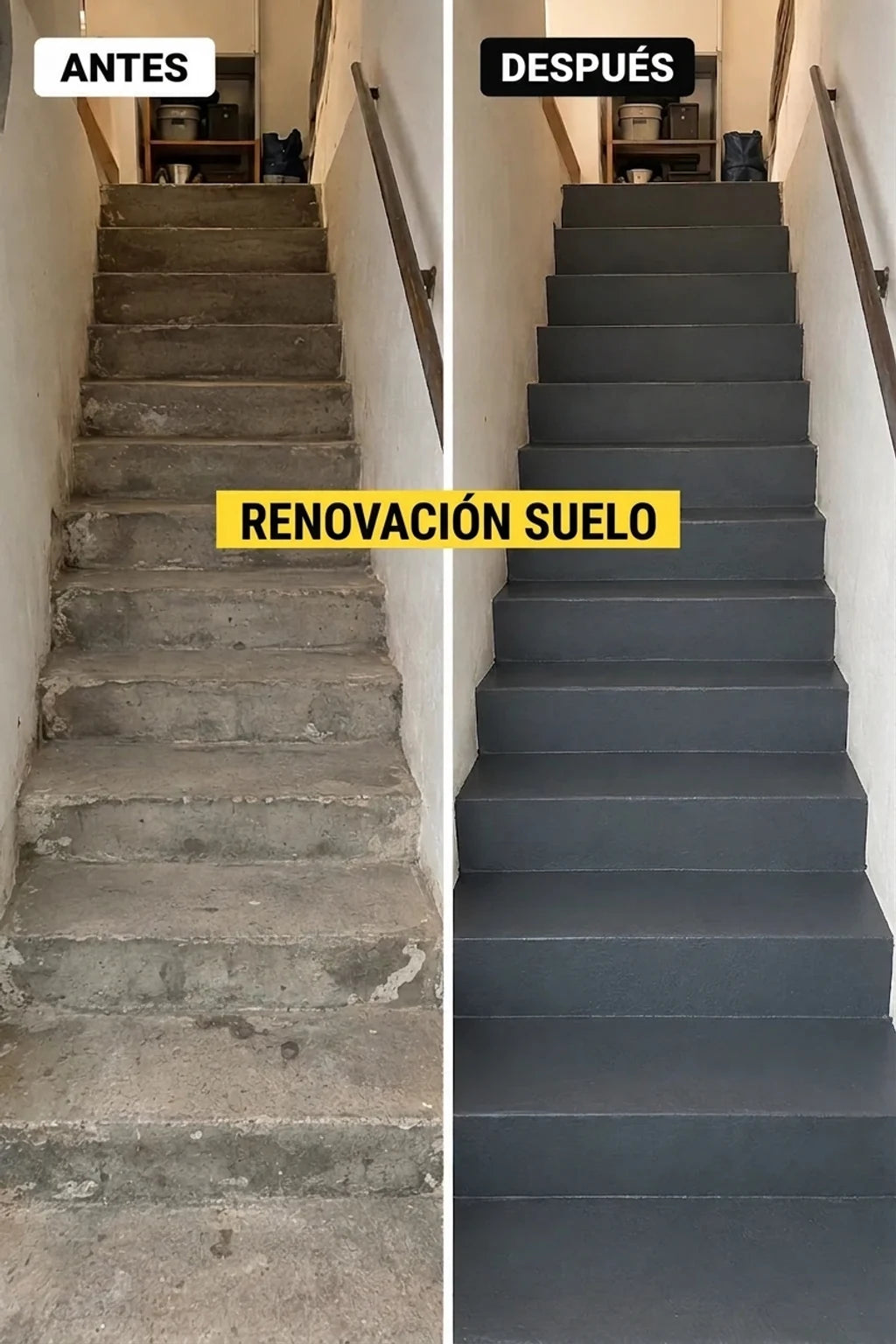 Antes y después: escaleras de hormigón grises, de deterioradas a recién pintadas, lisas y limpias.