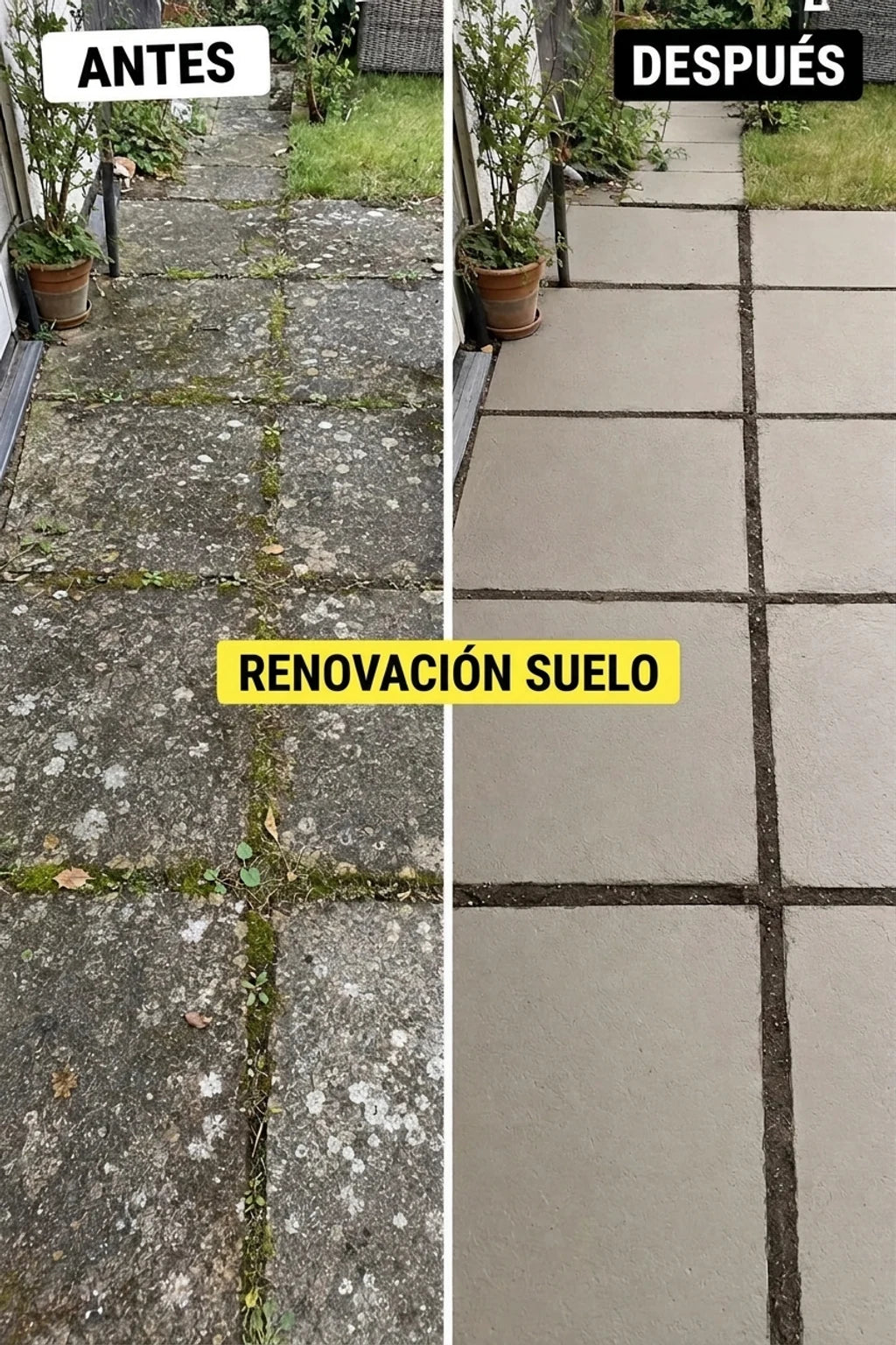 Antes y después: acera de hormigón sucia y llena de maleza (antes) y acera de hormigón limpia y renovada (después). Metamorfosis de una base de hormigón.