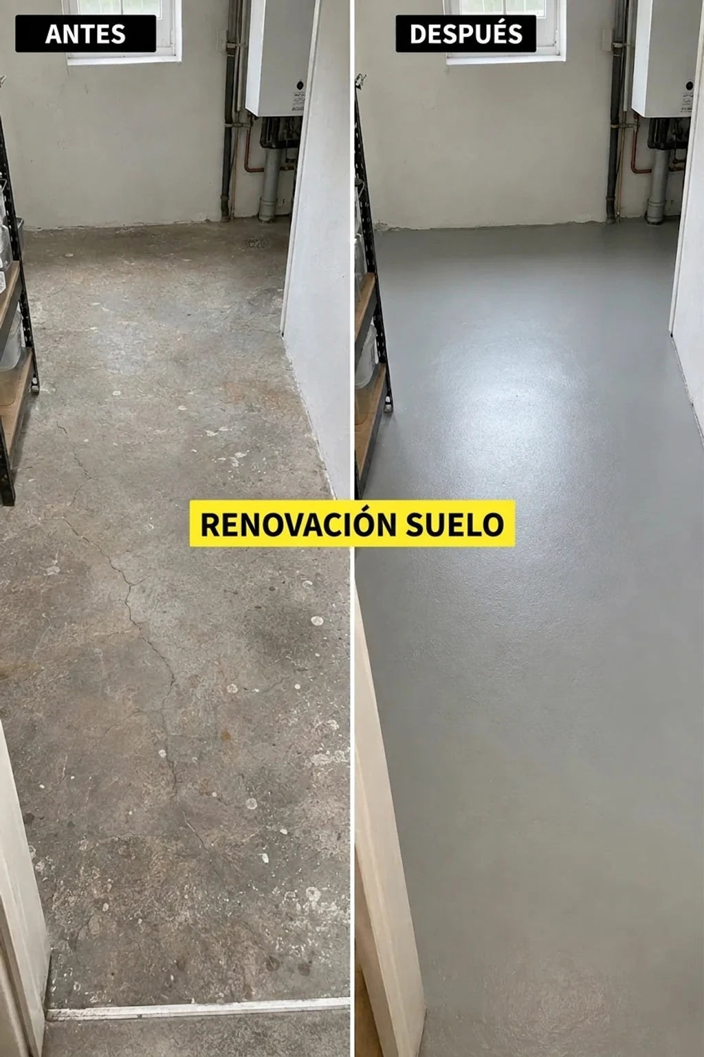 Antes y después de la renovación de un suelo de hormigón, mostrando el suelo sucio y agrietado antes y uno liso y gris después.