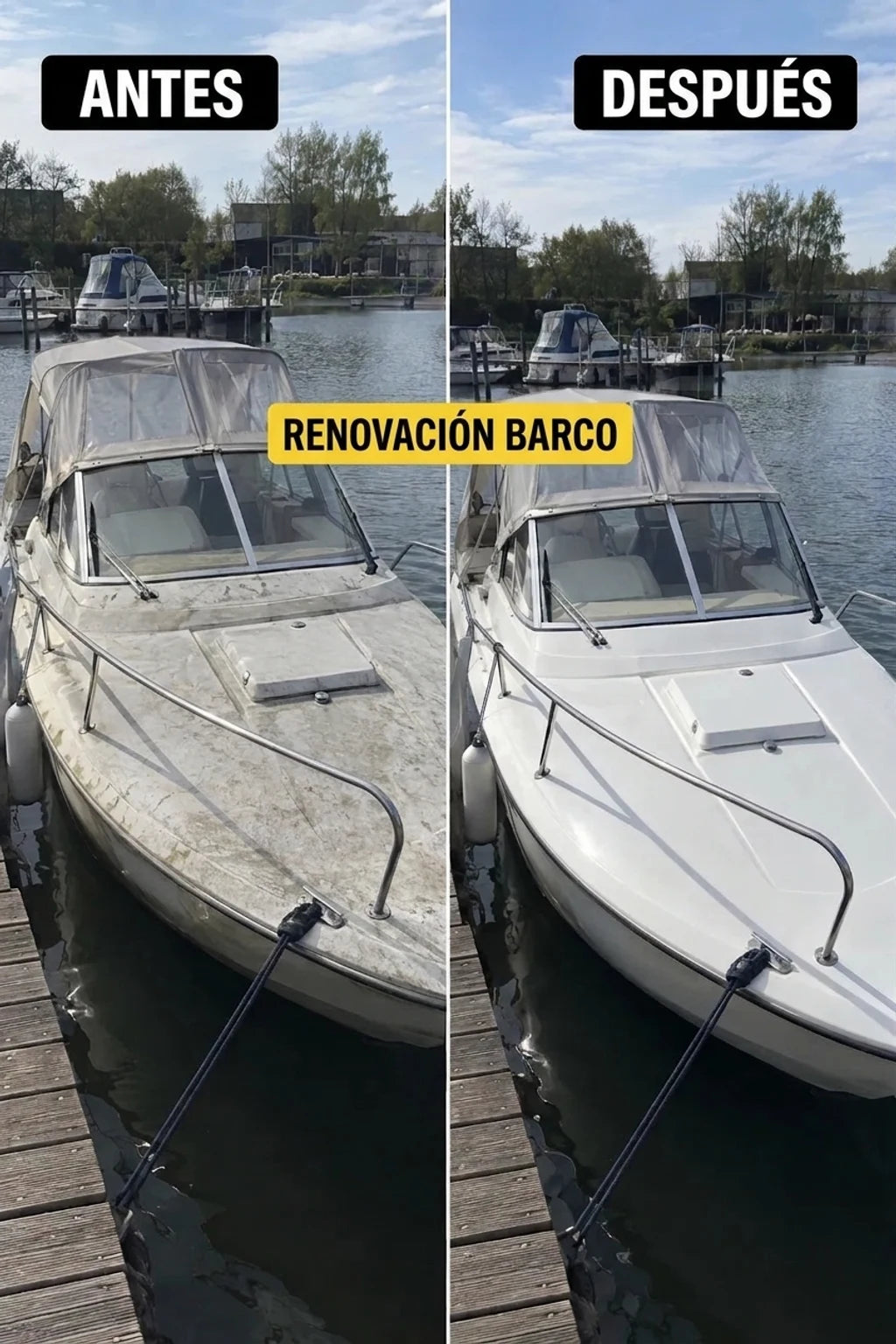 ANTES y DESPUÉS: Renovación de un barco. Un barco sucio en el muelle se transforma en uno limpio y brillante, reflejando el sol.