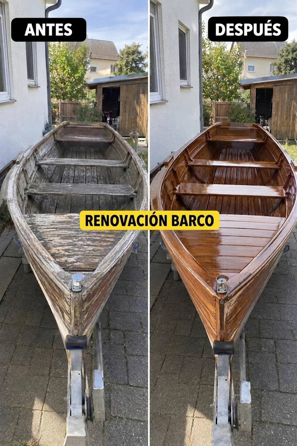 Barco de madera antes y después de la renovación. A la izquierda, viejo y deteriorado; a la derecha, renovado y brillante.