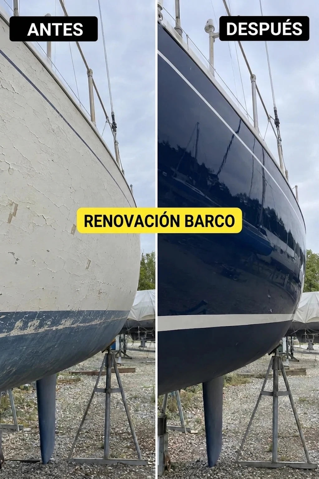 Yate antes y después de la renovación. Antes: casco blanco con pintura descascarillada. Después: casco azul oscuro brillante con una franja blanca.