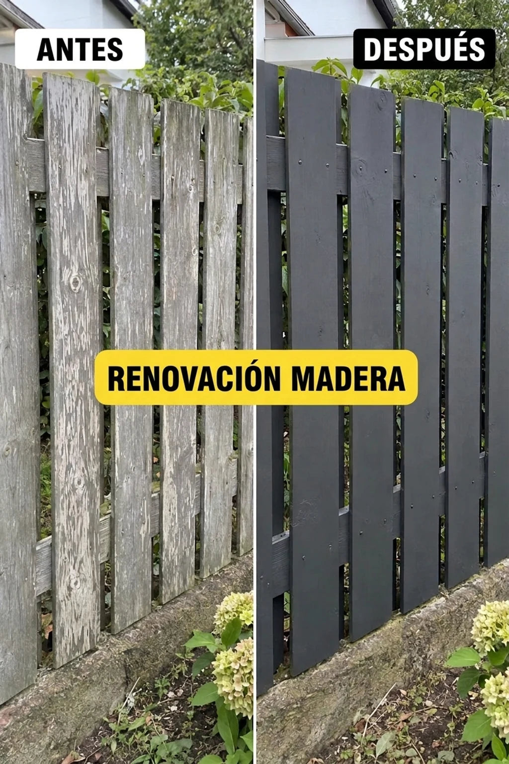 Valla de madera: antes de la renovación (gris, descolorida) y después de pintarla (gris oscuro, renovada).