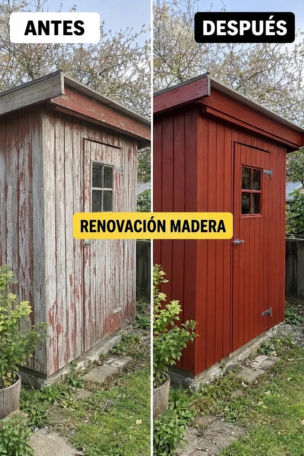 ANTES y DESPUÉS: Renovación de un cobertizo de madera con pintura descascarillada a un rojo intenso recién pintado.