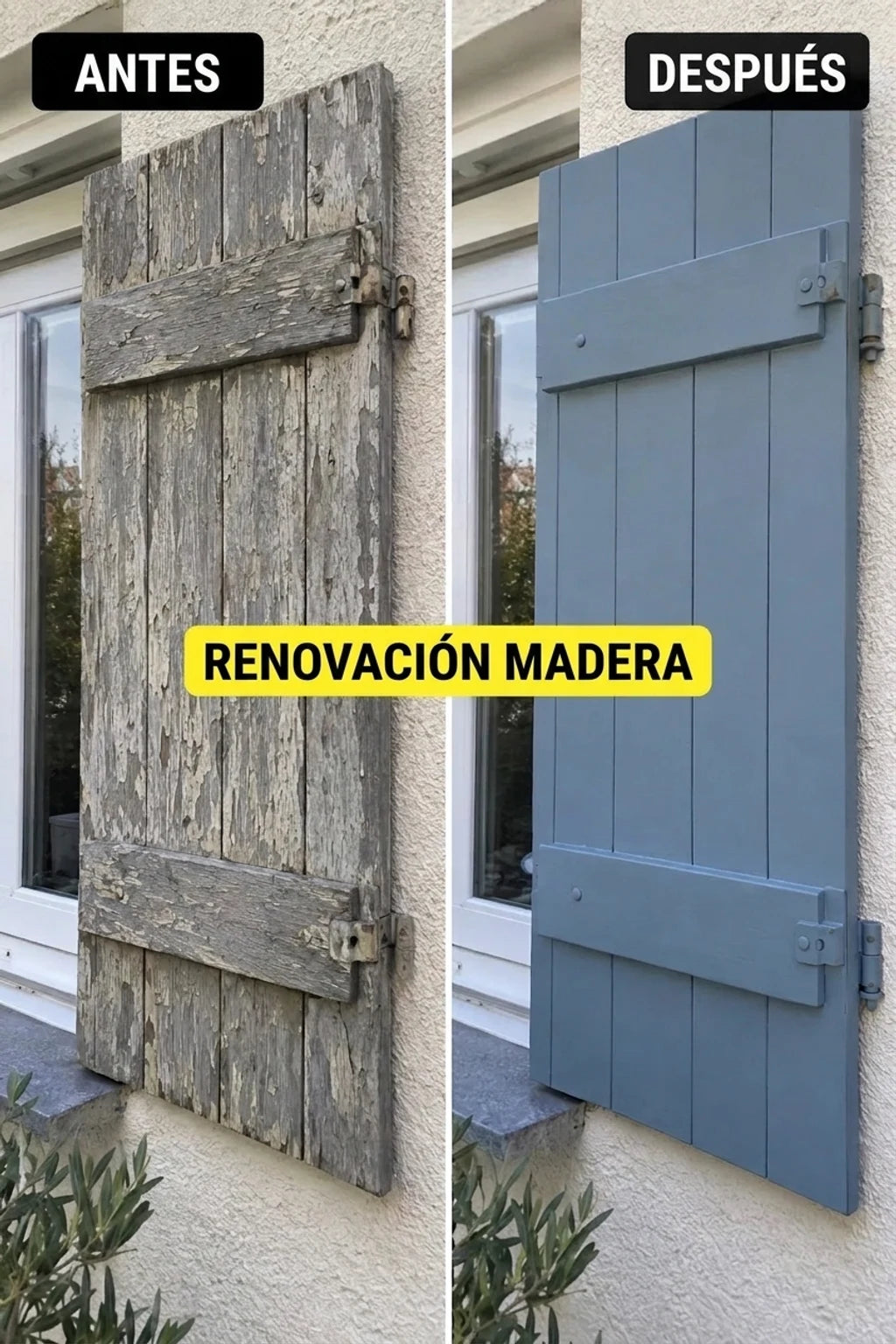 Foto antes y después: contraventana de madera deteriorada antes de la metamorfosis, junto a una nueva contraventana gris azulada.