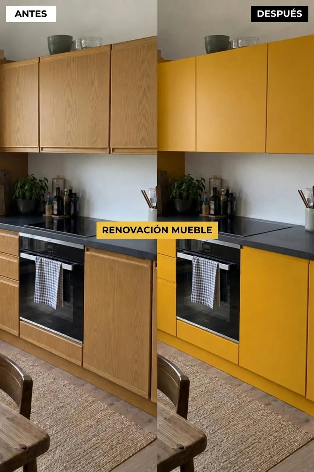 Foto comparativa de una cocina antes y después de la metamorfosis de los muebles, con armarios de madera cambiados a amarillo mostaza.
