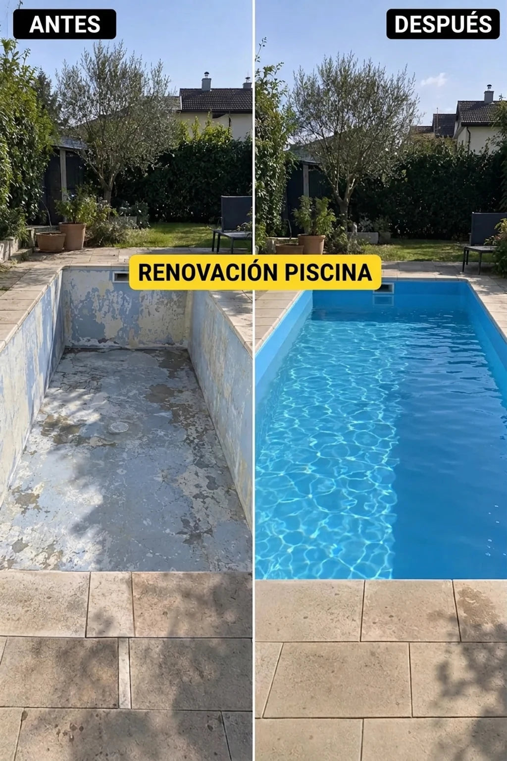 Renovación de piscina: foto antes y después. Piscina vacía y deteriorada transformada en una limpia y llena de agua azul.