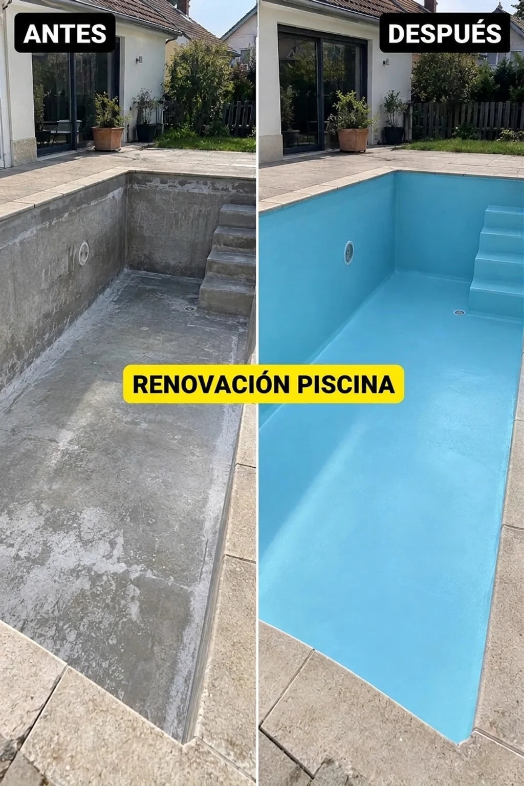 Foto antes y después. A la izquierda, piscina de hormigón vieja y sucia; a la derecha, piscina renovada en azul claro.