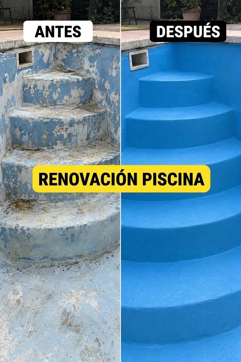 Foto comparativa antes y después de la renovación de una piscina: escalones azules viejos y descascarillados frente a nuevos, lisos y azul claro.