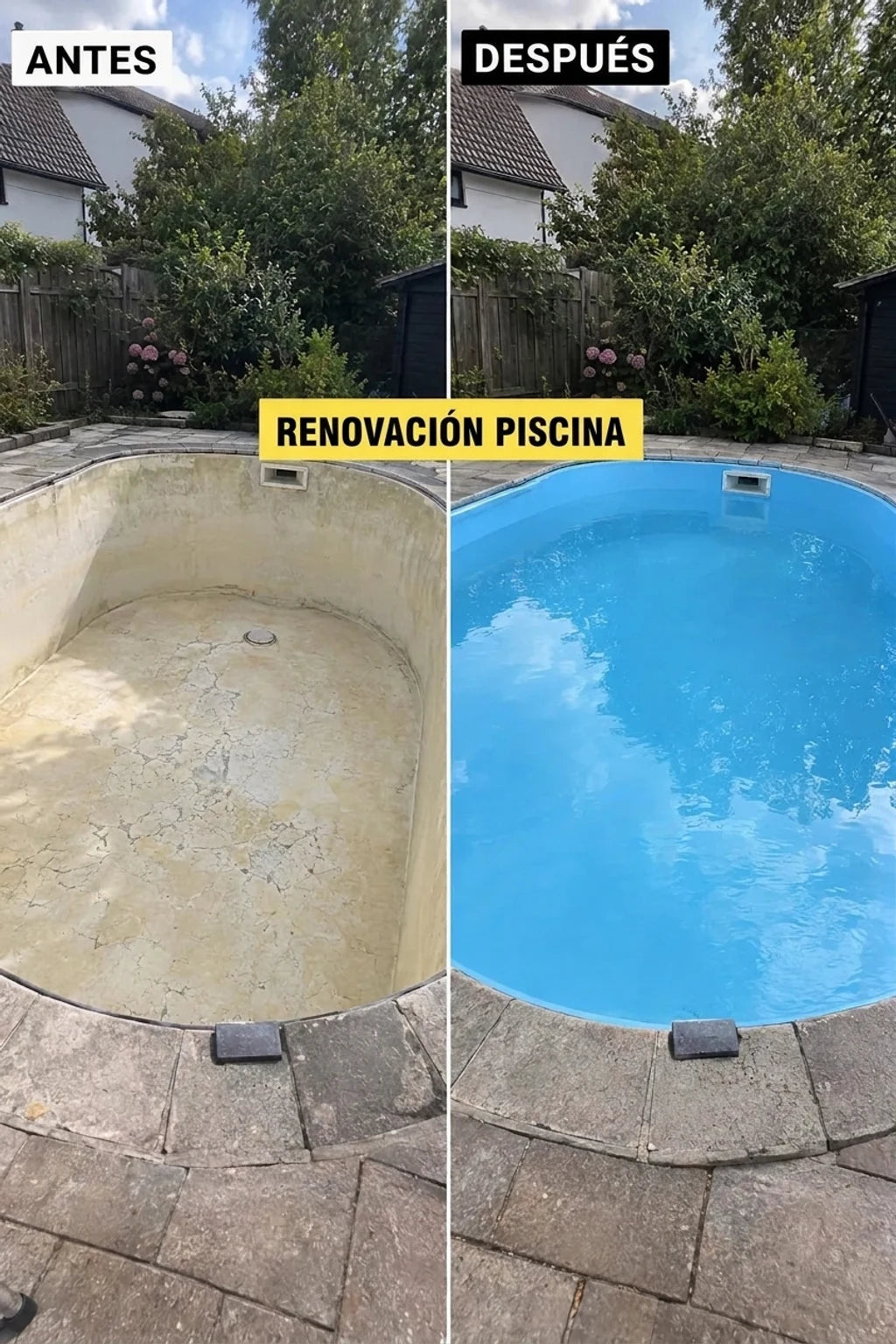 Metamorfosis de una piscina: piscina sucia y vacía antes de la renovación y limpia y llena de agua azul después.