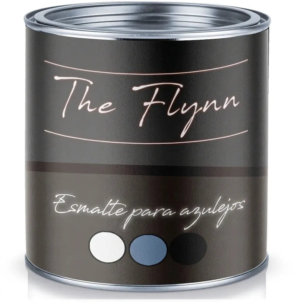 Bote de pintura The Flynn Fliesenlack (laca para azulejos) en color gris oscuro con muestras de colores blanco, azul y negro.