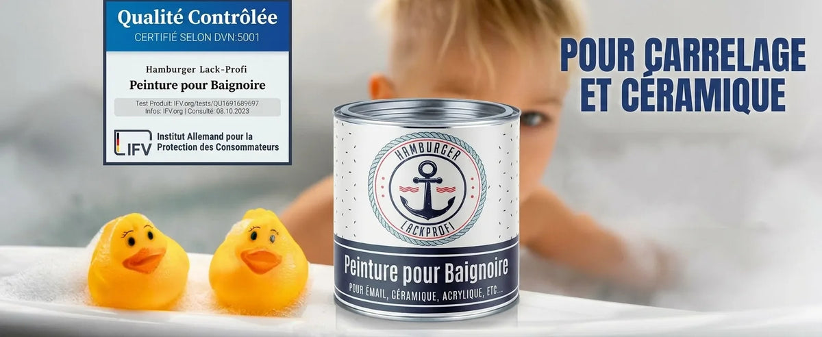 Peinture baignoire et carrelage "Hamburger Lack-Profi", qualité certifiée. Avec bébé et canards de bain.