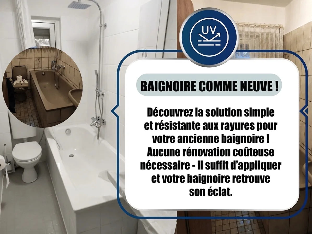 Avant/après baignoire: rénovation facile d'une vieille baignoire en aspect neuf avec revêtement blanc UV.