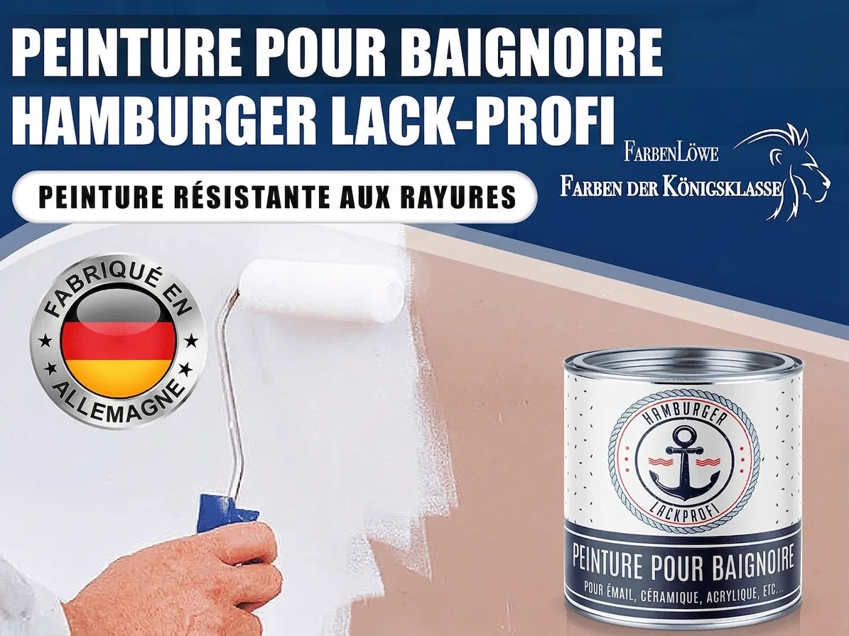 Peinture pour baignoire anti-rayures Hamburger Lack-Profi. Made in Germany. Pot de peinture et rouleau.