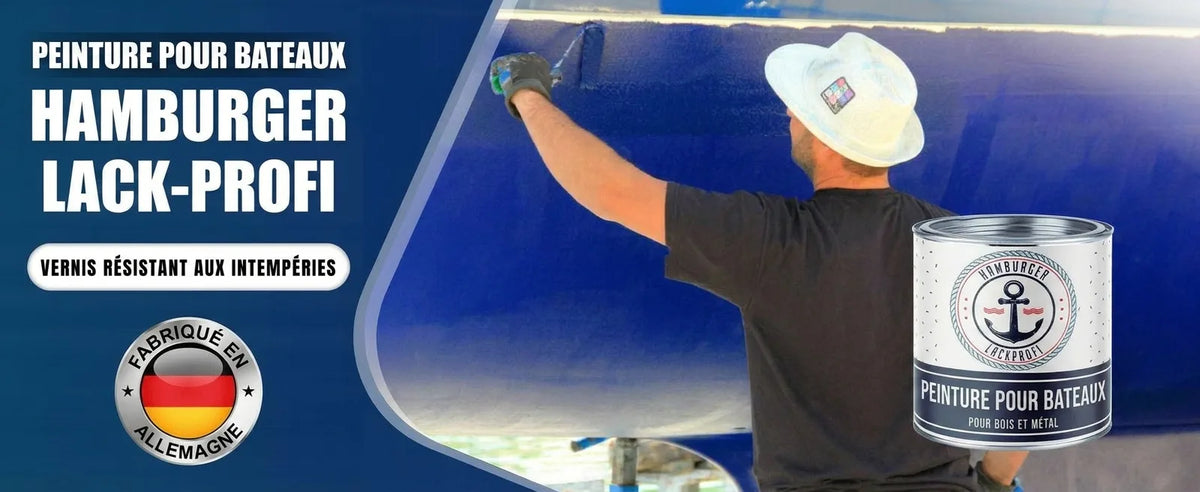 Peinture bateau Hamburger Lack-Profi bleue, résistante aux intempéries. Appliquée sur une coque, convient bois et métal.