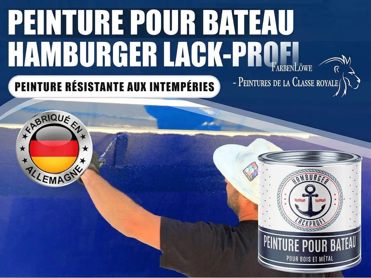 Peinture bateau Hamburger Lackprofi FarbenLöwe, résistante aux intempéries, fabriquée en Allemagne pour bois et métal.
