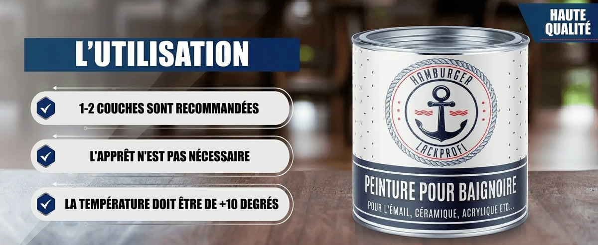 Pot de peinture baignoire 'Hamburger Lackprofi', usage: 1-2 couches, sans apprêt, min +10°C. Haute qualité.
